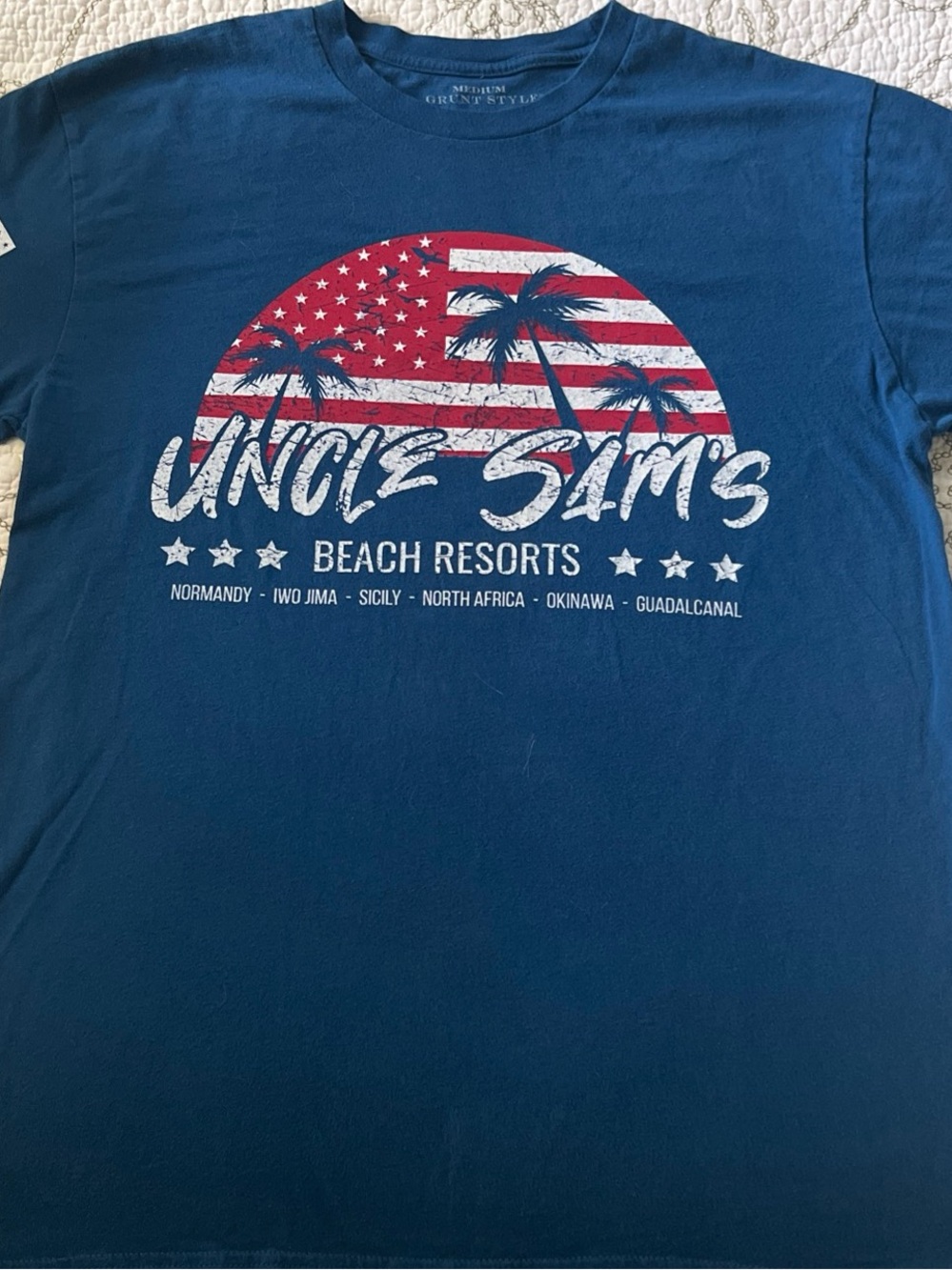 Grunt Style Uncle Sams Beach Resorts Normandy Iwo Jima Blue Tee M Fathers Day EC